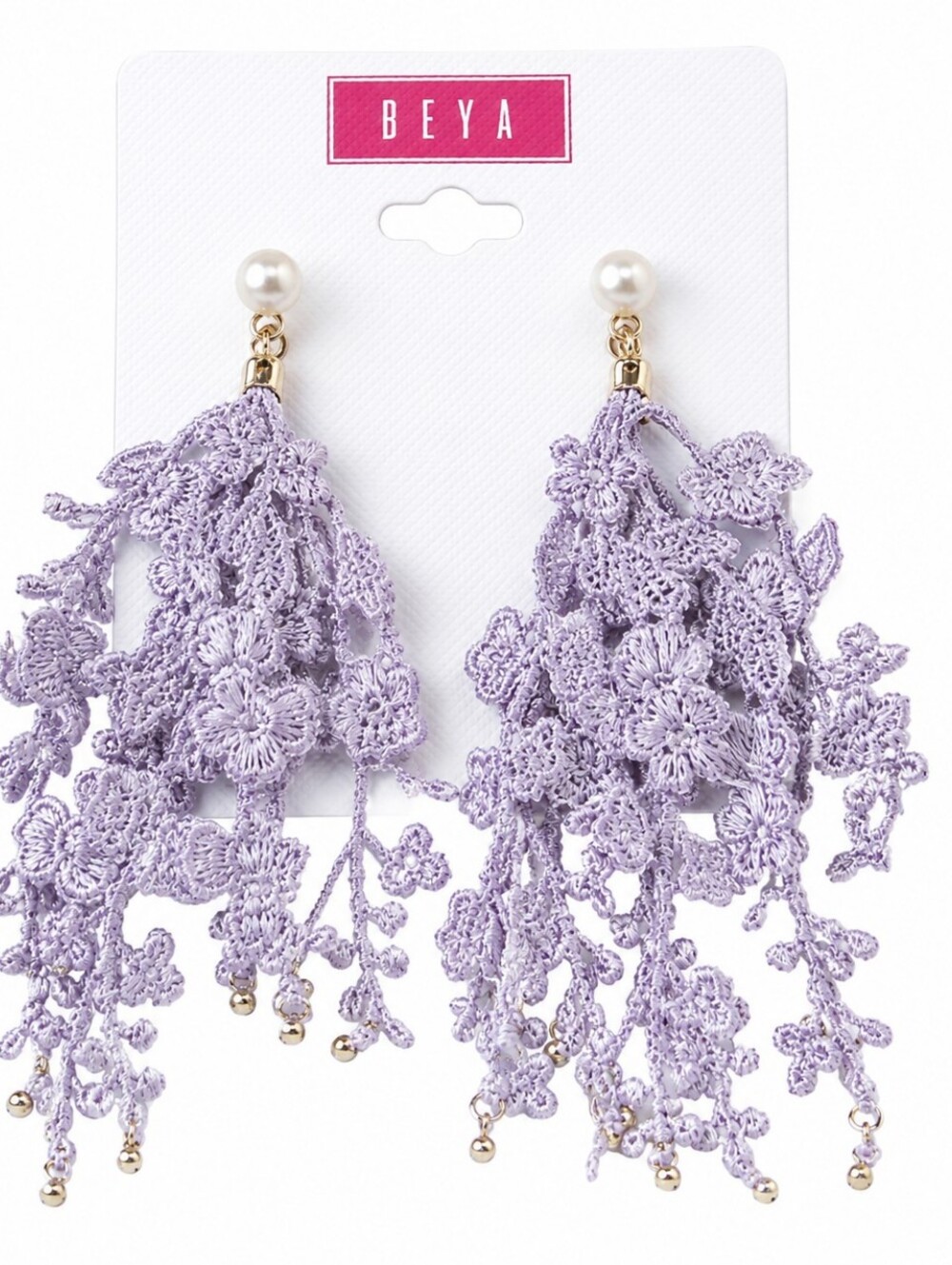 BEYA Lavender Floral Lace Drop Earrings Faux Pearl Stud Boho Statement Dangle